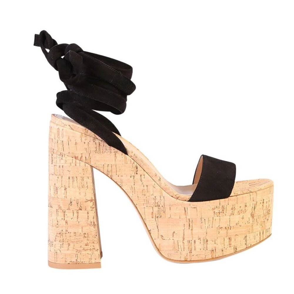 Gianvito Rossi size 39 9 Cork Platform Sandals Ankle Tie Strap Black Suede shoes - Picture 5 of 15